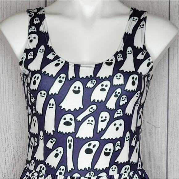 Halloween Blue & White Ghost Fit & Flare Midi Dress, size Medium - Picture 2 of 5